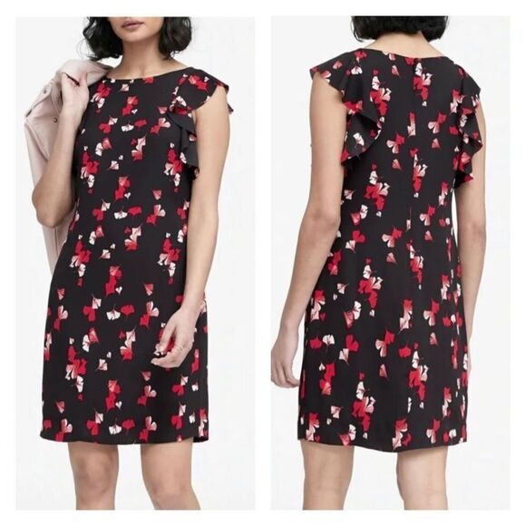 Banana Republic Floral Print Flutter Sleeve Shift Dress Black Red Size 0 XS - Picture 1 of 13